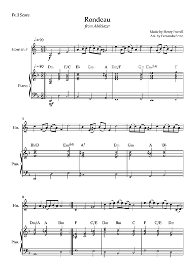 Rondeau (from Abdelazer) for Horn in F Solo and Piano Accompaniment with Chords