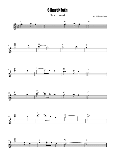 Piccolo Sheet Music for Christmas Song "Silent Nigth" to Intermediate ( with Chords Symbols )