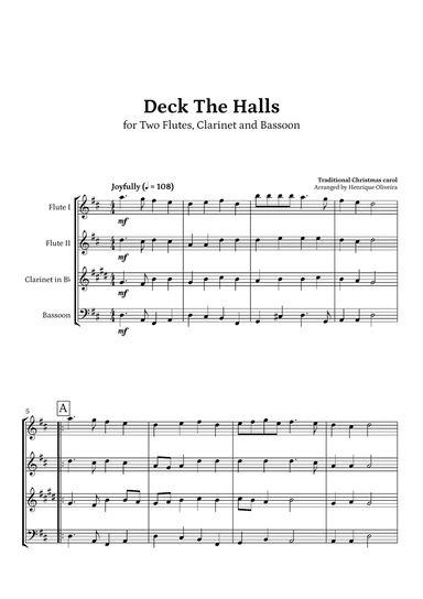 Deck The Halls (Two Flutes, Clarinet and Bassoon) | Christmas Carol