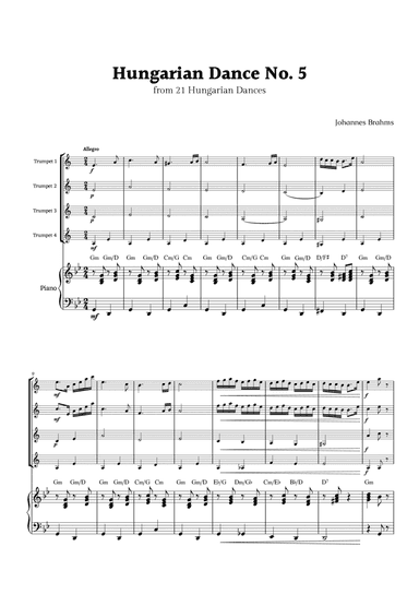 Hungarian Dance No. 5 by Brahms for Trumpet Quartet and Piano