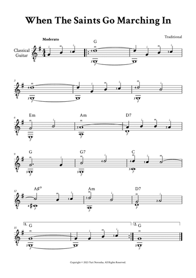 When The Saints Go Marching In - Fingerstyle Guitar (G Major, with Chords and Fingering)