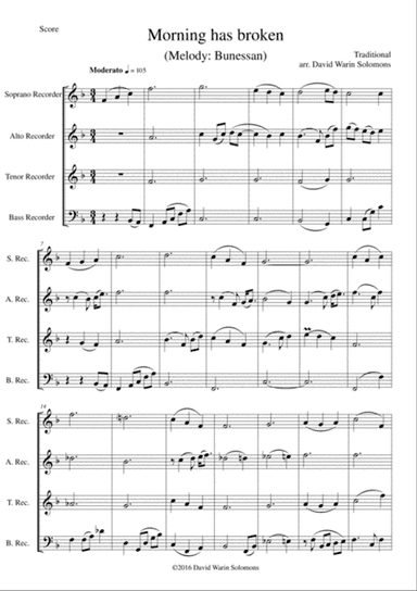 Variations on Morning has broken (Bunessan) for recorder quartet