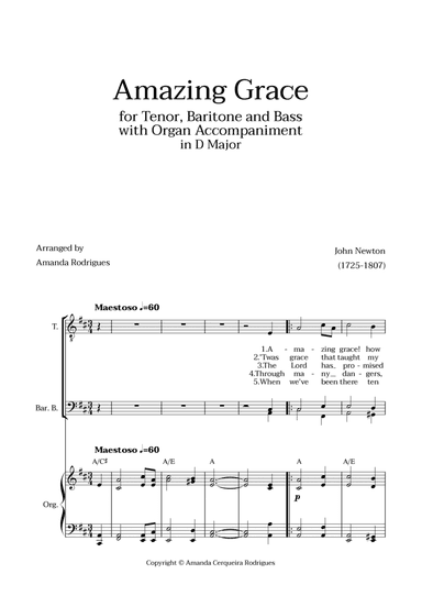 Amazing Grace in D Major - Tenor, Bass and Baritone with Organ Accompaniment and Chords