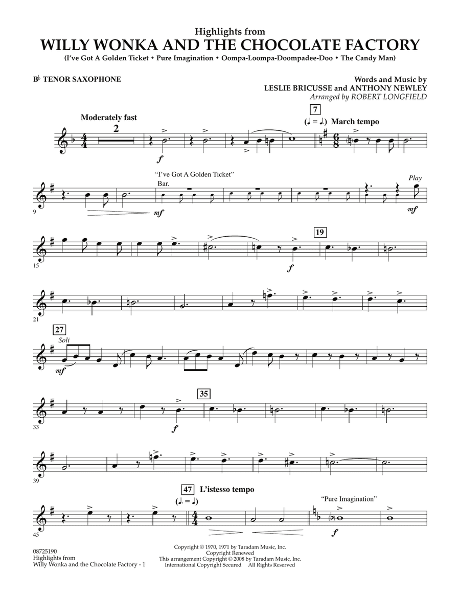 Highlights from Willy Wonka And The Chocolate Factory - Bb Tenor Saxophone