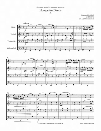 Hungarian Dance No.5 - 2 Violins and 2 Cellos