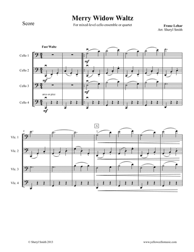 Waltz from The Merry Widow, in four parts, for cello ensemble or mixed-level cello quartet
