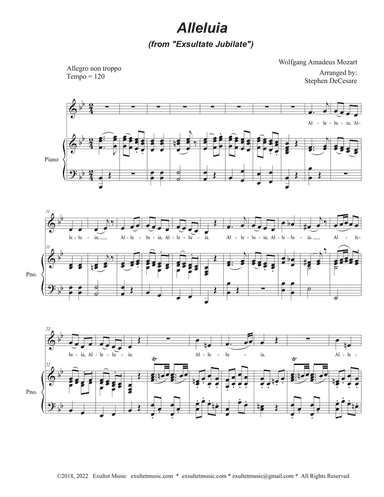 Alleluia (from "Exsultate, Jubilate") (Unison choir - Accessible Key Version -Bb Major)