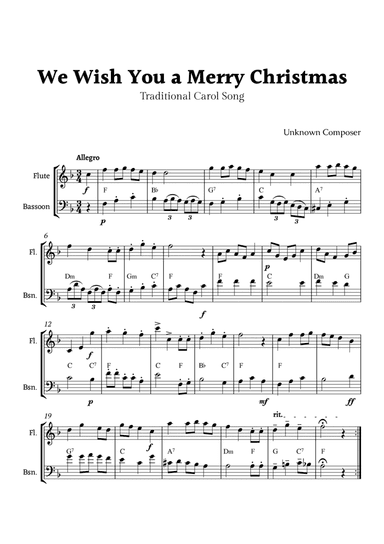 We Wish you a Merry Christmas for Flute and Bassoon Duet with Chords