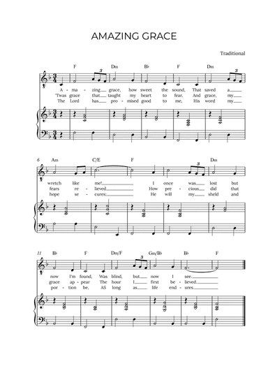 AMAZING GRACE - for piano and tenor in F major with chords