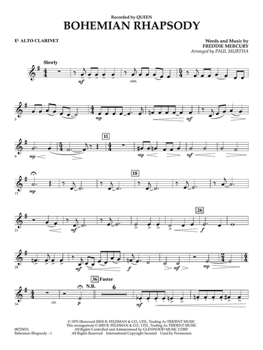 Bohemian Rhapsody (arr. Paul Murtha) - Eb Alto Clarinet