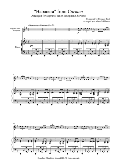 Habanera from Carmen arranged for Soprano Saxophone and Piano
