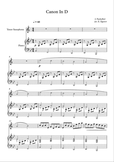 Canon In D, Johann Pachelbel, For Tenor Saxophone & Piano