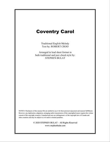 Coventry Carol - Lead sheet arranged in traditional and jazz style (key of Am)