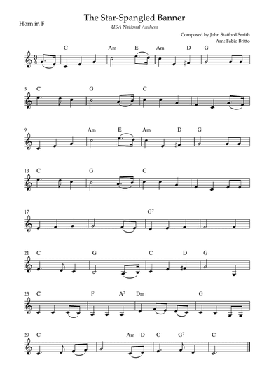 The Star Spangled Banner (USA National Anthem) for Horn in F Solo with Chords (F Major)