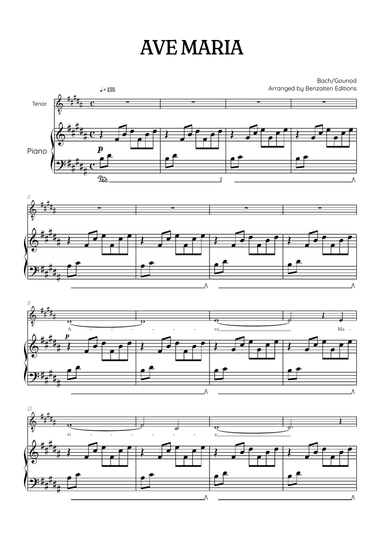 Bach / Gounod Ave Maria in B major • tenor sheet music with piano accompaniment
