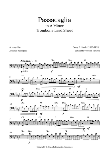 Passacaglia - Easy Trombone Lead Sheet in D#m Minor (Johan Halvorsen's Version)