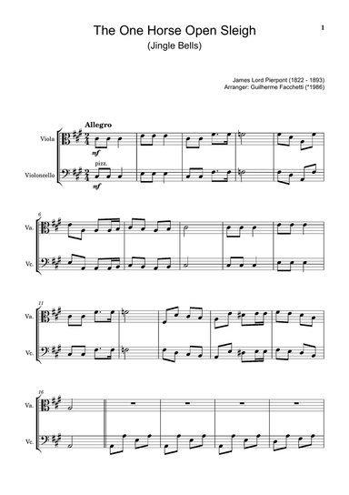 James Lord Pierpont - The One Horse Open Sleigh (Jingle Bells). Arrangement for Viola and Cello