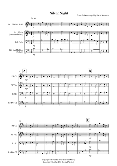 Silent Night for Clarinet or Violin, Cello and Double Bass