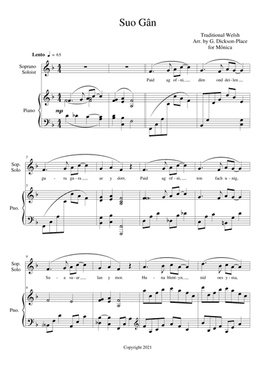 Suo Gân - (Empire of the Sun) Arr. by Graham Dickson-Place - Sop. Solo and unison voices - Piano