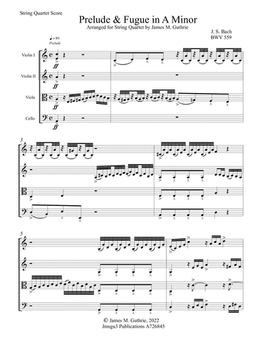 Bach: Prelude & Fugue in A Minor BWV 559 for String Quartet