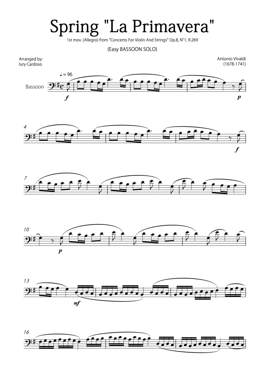 "Spring" (La Primavera) by Vivaldi - Easy version for BASSOON SOLO