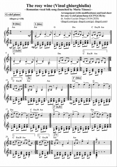 Anonymous - The rosy wine (Vinul ghiurghiuliu) (Romanian traditional) - arr. for G-clef piano (GCP)
