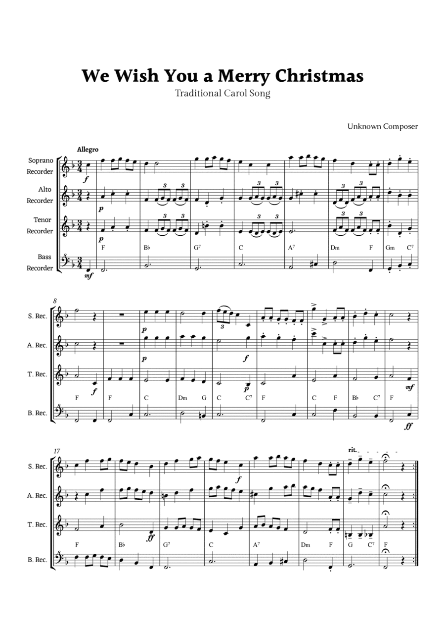 We Wish you a Merry Christmas for Recorder Ensemble with Chords