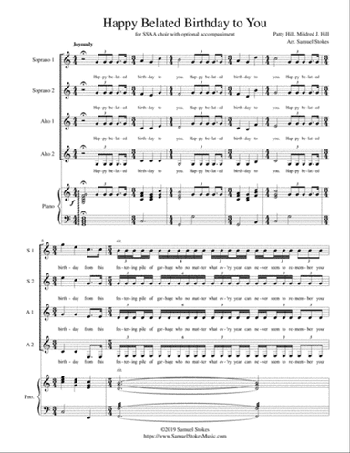 Happy Belated Birthday to You - for SSAA choir with optional piano accompaniment