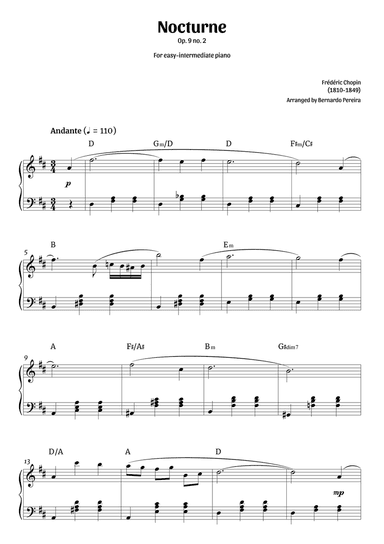 Nocturne Op. 9 no. 2 (easy-intermediate piano in D major – clean with chords)