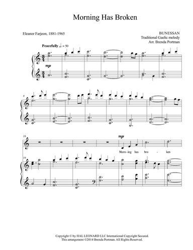 Morning Has Broken (BUNESSAN), Medium Voice, arr. Brenda Portman