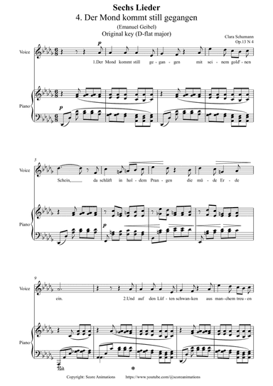 Der Mond kommt still gegangen Op 13 N4 in D-flat major (Original key)