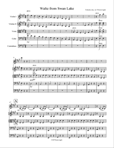 Waltz from Swan Lake by Tchaikovsky arranged for string quartet with optional bass part; score & par
