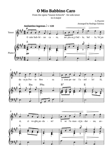 O Mio Babbino Caro - for tenor (in A major)