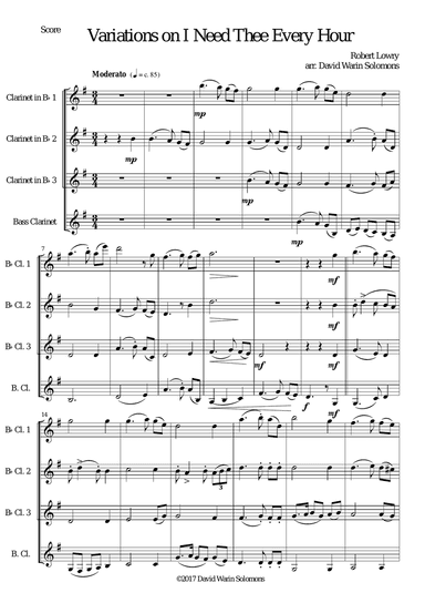 Variations on I Need Thee Every Hour for Clarinet quartet