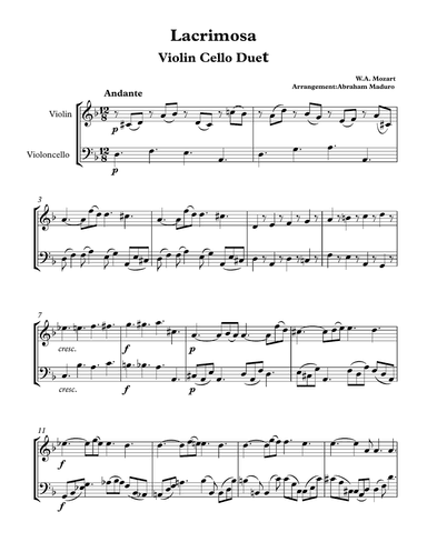 Lacrimosa from Mozart´s Requiem Violin-Cello Duet