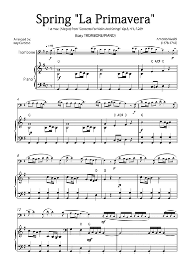 "Spring" (La Primavera) by Vivaldi - Easy version for TROMBONE & PIANO