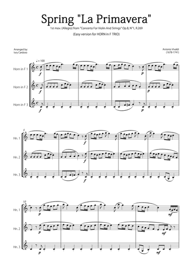 "Spring" (La Primavera) by Vivaldi - Easy version for HORN in F TRIO