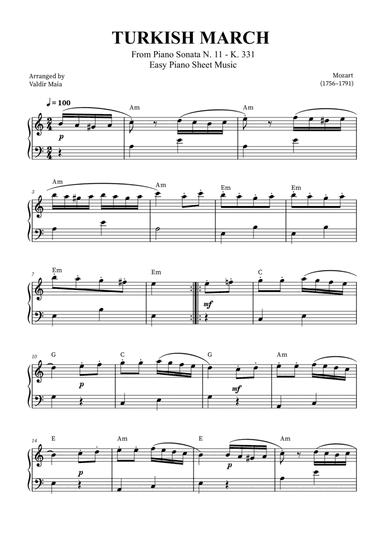 Turkish March - Easy Piano (with chords)