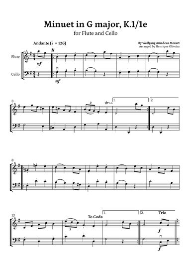 Minuet in G major, K.1/1e (Flute and Cello) - W. A. Mozart