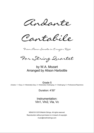 Andante Cantabile for string quartet - 2nd movement from Piano Sonata in C major K330