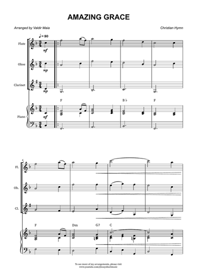 Amazing Grace - Flute, Oboe, and Clarinet with Piano Accompaniment and Chord Symbols