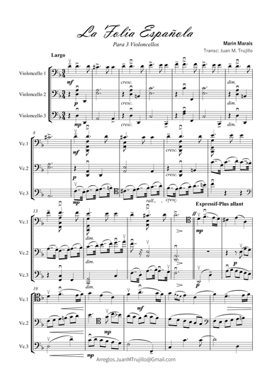 Folia Española by Marin Marais for 3 violoncellos