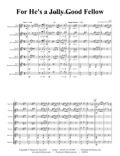 For he is a Jolly Good Fellow - Folk Song and Toast - Saxophone Quintet