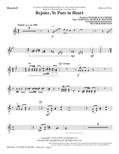 Rejoice, Ye Pure In Heart (arr. Heather Sorenson) - F Horn