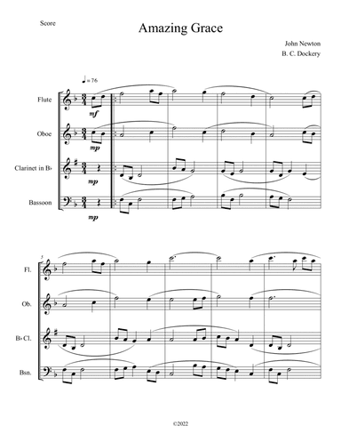 Amazing Grace for Woodwind Quartet