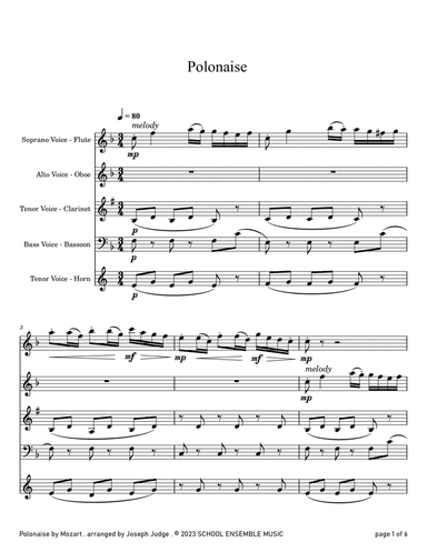 Polonaise by Mozart for Woodwind Quartet in Schools