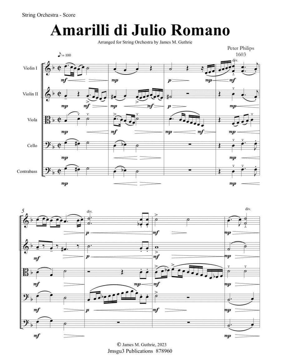 Philips: Amarilli di Julio Romano for String Orchestra - Score Only
