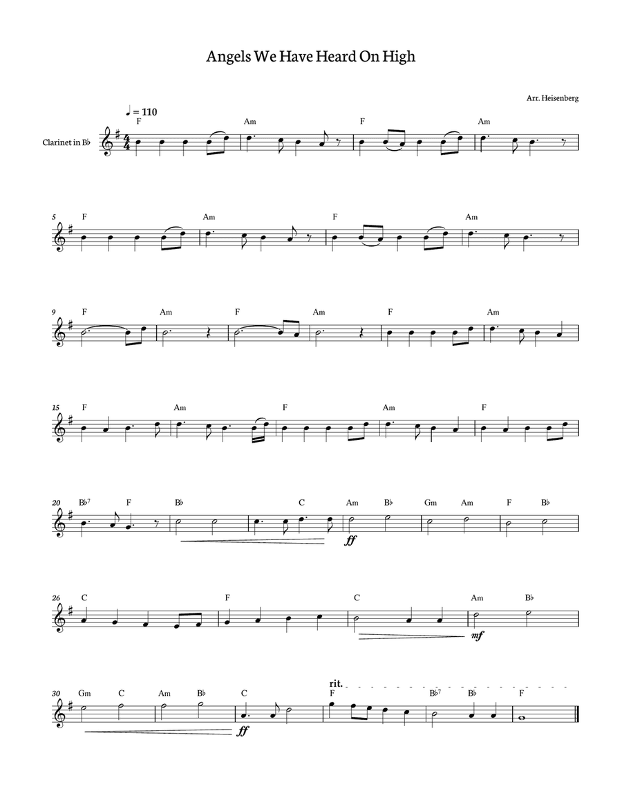 Angels We Have Heard on High for Clarinet with chords