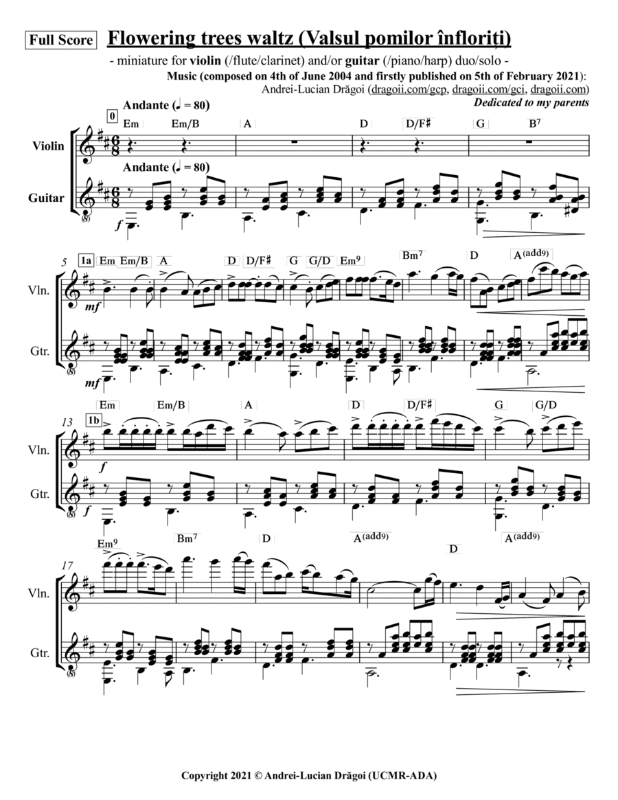 Flowering trees waltz (Valsul pomilor înfloriți) - miniature for violin (/flute/clarinet) and/or g