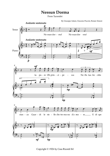 Nessun Dorma - Tenor & Piano